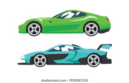 Set of Fast Motor Racing Cars, Side View of Sport Cars Flat Vector Illustration