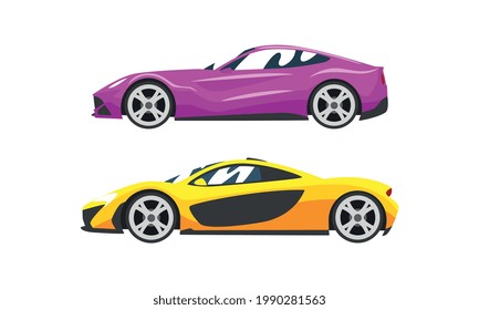 Set of Fast Motor Racing Cars, Side View of Racing Bolids Flat Vector Illustration