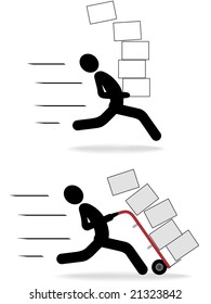 Set of fast moving speedy delivery shipping symbol people icons with packages to go.