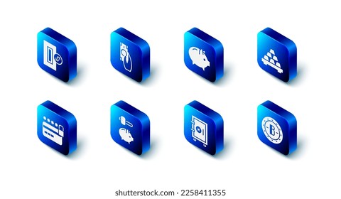 Set Fast payments, Piggy bank, Gold bars, Bitcoin, Safe, and hammer, Credit card with lock and Inserting icon. Vector