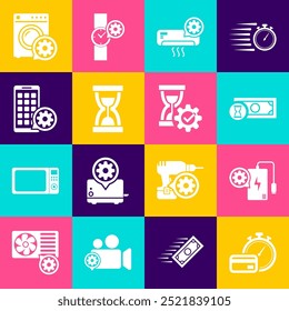 Pagos rápidos, ajuste del banco del poder, , aire acondicionado, reloj de arena viejo con la arena y el icono de los App móviles. Vector