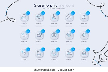 Set of Fast recovery, Disability and Question mark line icons for web app. Bid offer, Car charge, Time management icons. Lock, Currency rate, Computer security signs. Dirty water. Vector