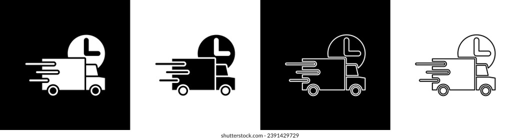Set Fast round the clock delivery by car icon isolated on black and white background.  Vector