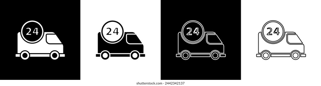 Set Fast round the clock delivery by car icon isolated on black and white background.  Vector Illustration