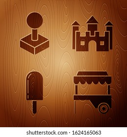 Set Fast street food cart with awning, Joystick for arcade machine, Ice cream and Castle on wooden background. Vector