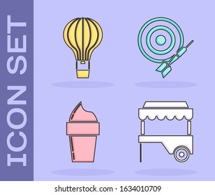 Set Fast street food cart with awning, Hot air balloon, Ice cream in waffle cone and Classic dart board and arrow icon. Vector