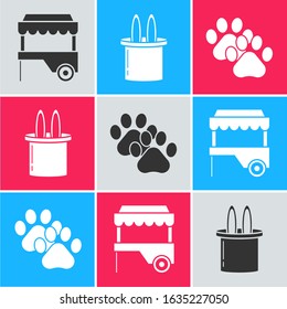 Set Fast street food cart with awning, Magician hat and rabbit ears and Paw print icon. Vector