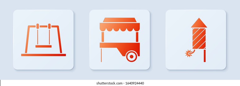 Set Fast street food cart with awning, Swing and Firework rocket. White square button. Vector