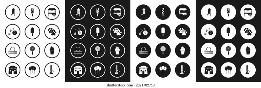 Set Fast street food cart with awning, Ice cream, Vintage bicycle one big wheel and one small, Firework rocket, Paw print, Corn dog, waffle cone and Roller coaster icon. Vector
