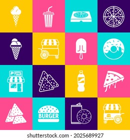 Set Fast street food cart, Slice of pizza, Donut, Pizza in cardboard box, Ice cream waffle cone,  and  icon. Vector