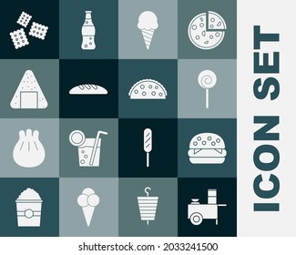Set Fast street food cart, Burger, Lollipop, Ice cream in waffle cone, Bread loaf, Onigiri, Cracker biscuit and Taco with tortilla icon. Vector