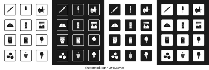 Set Fast street food cart, Chocolate bar, Taco with tortilla, Grilled shish kebab, Street stall awning, Fried sausage, Cotton candy and Coffee cup go icon. Vector