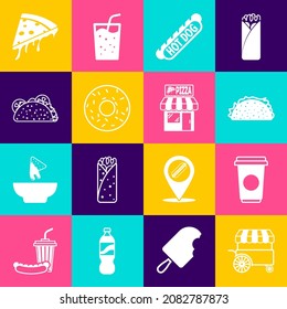 Set Fast street food cart, Coffee cup, Taco with tortilla, Hotdog sandwich, Donut, Slice pizza and Pizzeria building facade icon. Vector