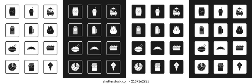 Set Fast street food cart, Thermos container, Doner kebab, Bag or packet potato chips, Khinkali cutting board, Milkshake, Chicken nuggets box and Rice bowl with chopstick icon. Vector