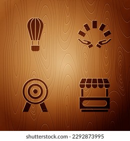 Set Fast street food cart, Hot air balloon, Target and Hand holding playing cards on wooden background. Vector