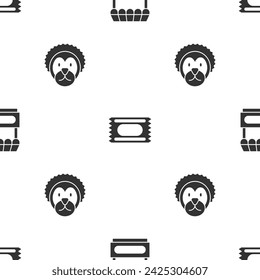 Set Fast street food cart, Circus ticket and Wild lion on seamless pattern. Vector
