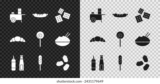 Set Fast street food cart, Hotdog sandwich, Cracker biscuit, Sauce bottle, Corn, Chicken nuggets, Croissant and Lollipop icon. Vector