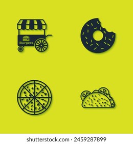 Set Fast street food cart, Taco with tortilla, Pizza and Donut icon. Vector