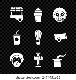 Set Carrito de comida rápida, helado, cabeza de payaso, león salvaje, carrusel de atracción, sombrero de mago, vidrio de papel con agua e icono de globo de aire caliente. Vector