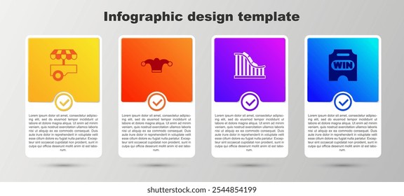 Conjunto de Carrito de comida rápida de la calle, sombrero de bufón con campanas, montaña rusa y boleto de circo. Plantilla de infografía de negocios. Vector