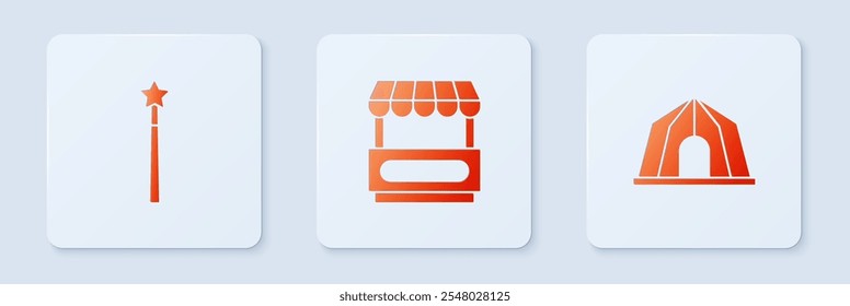 Set Fast street food cart, Magic wand and Circus tent. White square button. Vector