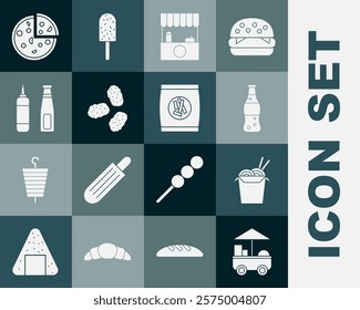 Set Fast street food cart, Asian noodles and chopsticks, Bottle of water, Street stall with awning, Chicken nuggets, Sauce bottle, Pizza and Hard bread chucks crackers icon. Vector