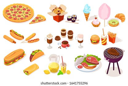 Set of fast and street food. Vector hot dog, pizza, onion ring, sushi, ice-cream, candy-floss, burger, burrito, sandwich, fried french fries, soda, chocolate, lemonade, grill meat, sausage. Nutrition