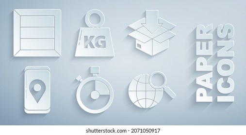 Set Fast time delivery, Cardboard box with traffic symbol, Mobile app tracking, Magnifying glass globe, Weight and Wooden icon. Vector