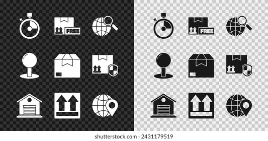 Set Fast time delivery, Cardboard box with free symbol, Magnifying glass globe, Warehouse, This side up, Location on the, Push pin and Carton cardboard icon. Vector