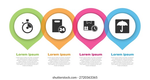 Entrega rápida, entrega con cajas de cartón, caja de cartón y tiempo rápido y paraguas. Plantilla de infografía de negocios. Vector
