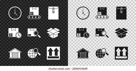 Set Fast time delivery, Conveyor belt with cardboard box, Envelope, Warehouse, Magnifying glass globe, This side up, Cardboard and fast and Search package icon. Vector