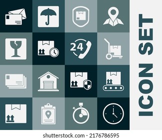 Set Fast time delivery, Hand truck and boxes, Delivery pack security shield, Cardboard fast, Fragile broken glass, Envelope and Telephone 24 hours support icon. Vector