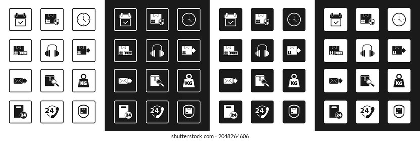 Set Fast time delivery, Headphones, Cardboard box with free symbol, Calendar check mark, traffic, Delivery pack security shield, Weight and Envelope icon. Vector