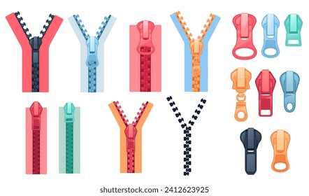 Set of fastener puller and zippers clothing textile accessories vector illustration isolated on white background svg