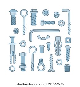 Set of fasteners. Bolts, screws, nuts, dowels and rivets in doodle style. Hand drawn building material. Color vector illustration on white background