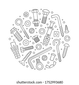 Set of fasteners in circle. Bolts, screws, nuts, dowels and rivets in doodle style. Hand drawn building material. Vector illustration on white background