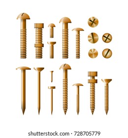 Set of fasteners Golden color vector illustration. A collection of tools. Screw, bolt, nut and nail.