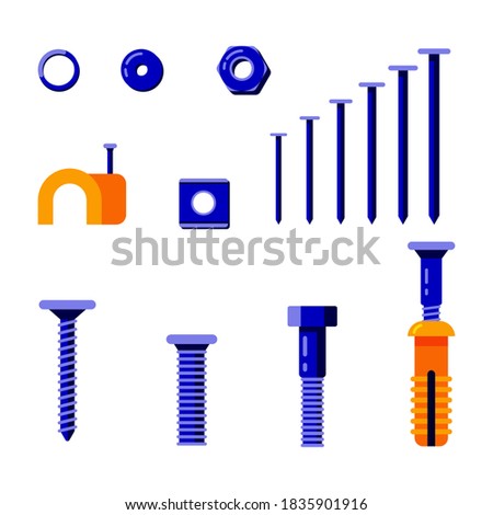 Set of fasteners on an isolated white background. Bolts, nuts, nails in flat design. Vector stock illustration