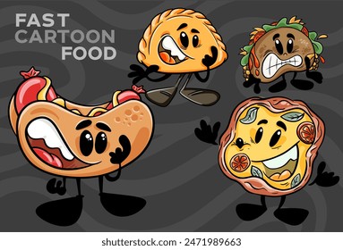 A set of fast-food cartoon characters. Hand-drawn vector illustration