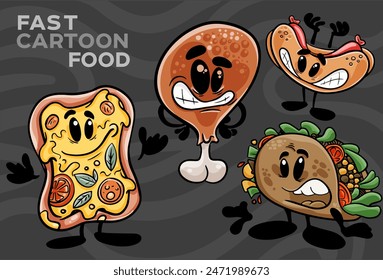 A set of fast-food cartoon characters. Hand-drawn vector illustration