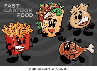 A set of fast-food cartoon characters. Hand-drawn vector illustration