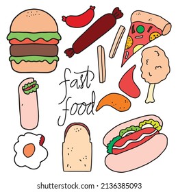 Set of fastfood doodles element isolated on white background. black hand drawn
