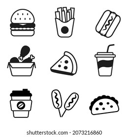 Set of fast-food icon with black color isolated on white background