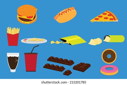 Set of Fastfood Junk food and Snack Vectors