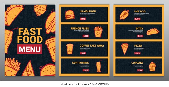 Set of FastFood Menu banners with tasty dishes. Hand draw doodle background