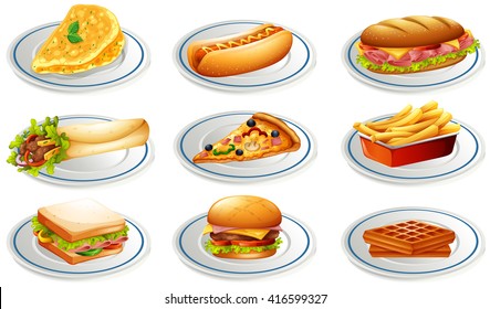 Set of fastfood on plates illustration