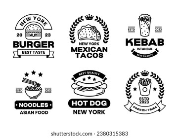 Set of fast-food restaurant labels and logos. Vector vintage fast food logos set. Retro eating signs collection. Burger, hot dog and pizza logo vector template