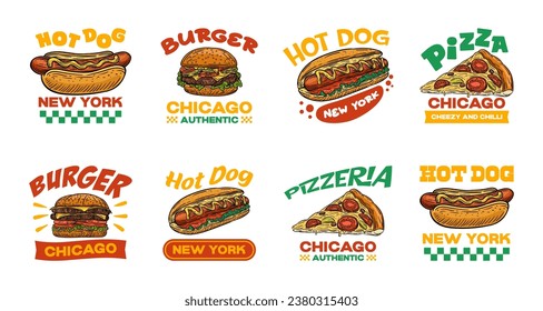 Set of fast-food restaurant labels and logos. Vector vintage fast food logos set. Retro eating signs collection. Burger, hot dog and pizza logo vector template
