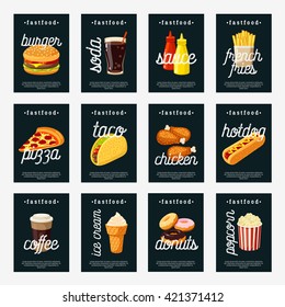 Set of fastfood tags - hamburger/soda/mustard and ketchup/french fries/pizza/taco/chicken/hotdog/coffee/ice cream/donuts/popcorn. Design template labels. Vector illustration, isolated on white.