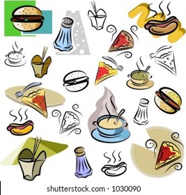 A set of fastfood vector icons in color, and black and white renderings.